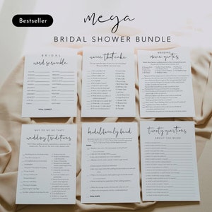 May include: A printable bridal shower game bundle with five different games: Bridal Word Scramble, Name That Cake, Wedding Movie Quotes, Why Do We Do That Wedding Traditions, Bridal Family Feud, and Twenty Questions About the Bride. The games are printed on white paper with black text.