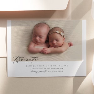 Twin Babies Birth Announcement, Minimal Photo Baby Announcement Card, Two Cute, 100% Editable Template, Instant Download, Templett #108BAC