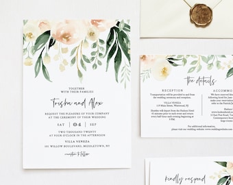 Peach Floral Wedding Invitation Template, Bohemian Watercolor Greenery Invite, RSVP & Info, Editable Text, Templett, Instant Download #076D