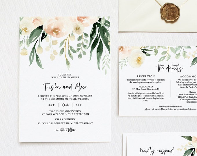 Peach Floral Wedding Invitation Template, Bohemian Watercolor Greenery Invite, RSVP & Info, Editable Text, Templett, Instant Download #076D