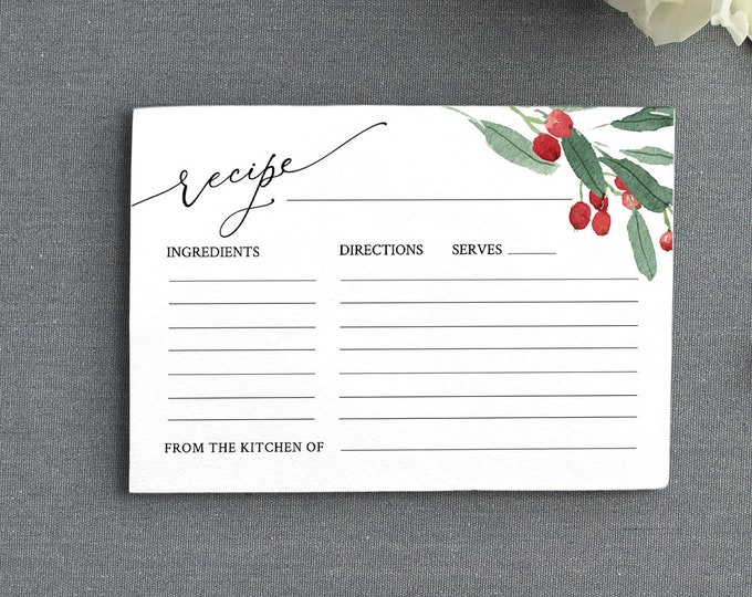 Printable Recipe Card, Instant Download, 100% Editable Text, Winter Holly Bridal Shower Recipe Insert Template, DIY, Templett #071-110RC