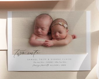 Twin Babies Birth Announcement, Minimal Photo Baby Announcement Card, Two Cute, 100% Editable Template, Instant Download, Templett #108BAC