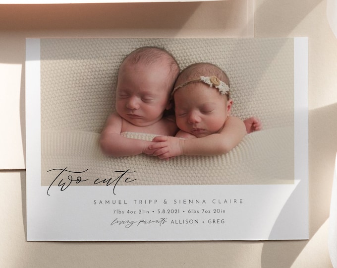 Twin Babies Birth Announcement, Minimal Photo Baby Announcement Card, Two Cute, 100% Editable Template, Instant Download, Templett #108BAC