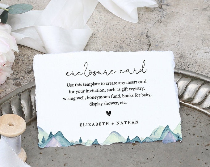 Mountain Enclosure Card Template, Wedding, Bridal Shower, Baby Shower, Any Insert Card, 100% Editable Text, Registry, Book Request 063-145EC