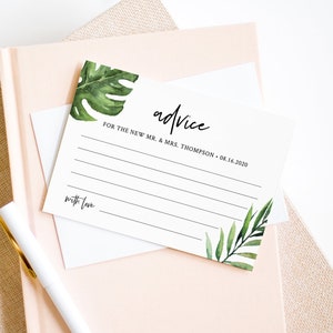 Plantilla de tarjeta de consejos tropicales, buenos deseos de boda para la novia y el novio, recién casados, descarga instantánea, 100% editable, DIY #083-144EC