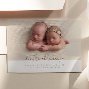 Annonce de naissance de bébés jumeaux, carte d'annonce de bébé photo minimale, double bénédiction, modèle modifiable, téléchargement immédiat, Templett #109BAC