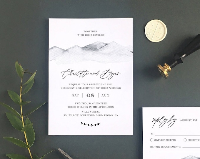 Rustic Wedding Invitation Set Template, Mountain Retreat, Winter Wedding, Minimalist, Mountain, INSTANT DOWNLOAD, Editable, Templett #004A