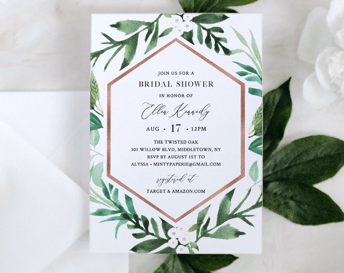 Greenery Bridal Shower Invite, Rose Gold Geometric Frame, Couples Shower Invite Template, 100% Editable Text, Instant Download #080A-244BS