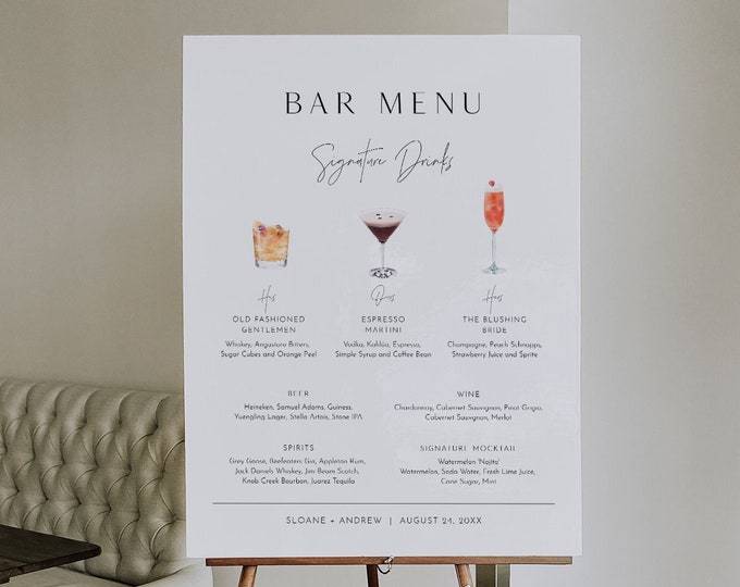 Signature Drinks Bar Sign, 200+ Cocktails, Wine, Beer, Editable Minimalist Bar Menu, Alcohol, Instant Download, Templett #0026-40S