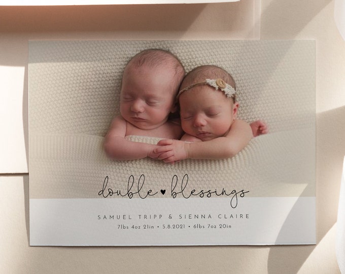 Twin Babies Birth Announcement, Minimal Photo Baby Announcement Card, Double Blessing, Editable Template, Instant Download, Templett #109BAC