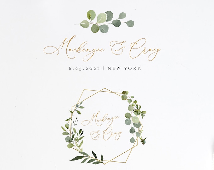 Wedding Logo Design, Watercolor Greenery Logo and Emblem, Custom Business Logo Template, 100% Editable Text, Instant Download  #056-103LD