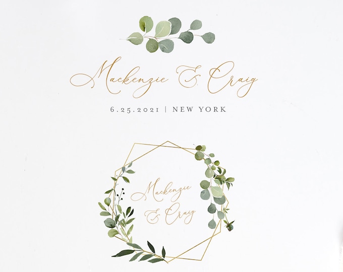 Wedding Logo Design, Watercolor Greenery Logo and Emblem, Custom Business Logo Template, 100% Editable Text, Instant Download  #056-103LD