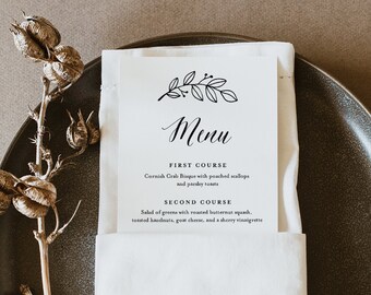 Rustic Laurel Menu Template, Printable Minimalist & Simple Wedding Dinner Menu Card, 100% Editable, INSTANT DOWNLOAD, Templett #039-173WM