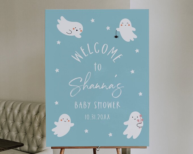 Halloween Welcome Sign Template, Blue Boy Baby Shower, Halloween Birthday, 100% Editable Text, Instant Download, Templett #0001-305LS