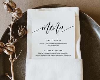 Minimalist Menu Template, Printable Simple Wedding Dinner Menu Card, 100% Editable, Calligraphy, INSTANT DOWNLOAD, Templett #008-174WM
