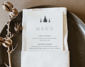 Mountain Menu Template, Printable Rustic Woodland Pine Wedding Dinner Menu Card, 100% Editable, INSTANT DOWNLOAD, Templett #0015-192WM