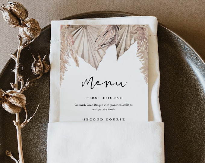 Pampas Menu Template, Bohemian, Printable Dried Foliage & Palm Wedding Dinner Menu Card, Editable, INSTANT DOWNLOAD, Templett #0022-202WM