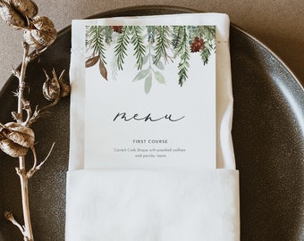 Winter Holiday Menu Template, Printable Pine Wedding Menu Card, Christmas Dinner Menu, 100% Editable, INSTANT DOWNLOAD, Templett #0017-194WM