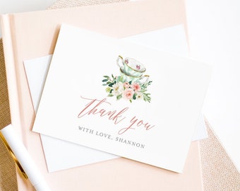 Tea Party Thank You Card Template, Printable Tea Bridal Shower, Folded Note Card, INSTANT DOWNLOAD, Editable Text, Templett #085A-118TYC