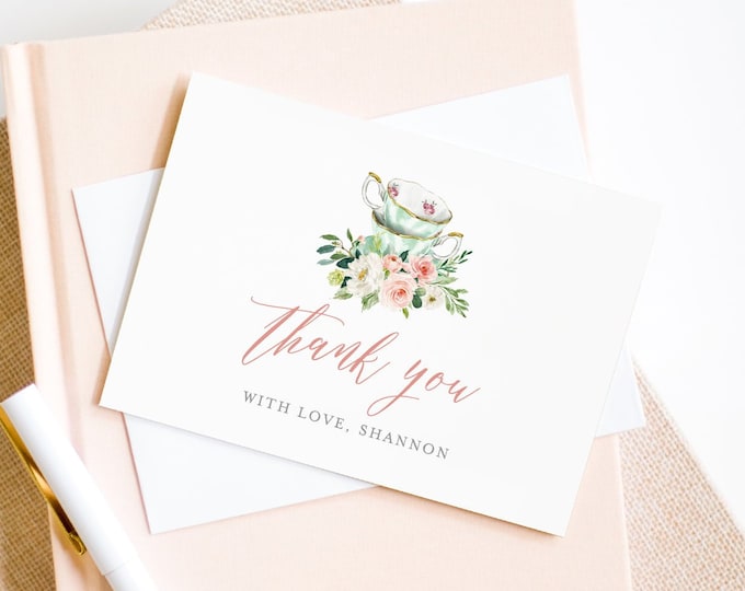 Tea Party Thank You Card Template, Printable Tea Bridal Shower, Folded Note Card, INSTANT DOWNLOAD, Editable Text, Templett #085A-118TYC