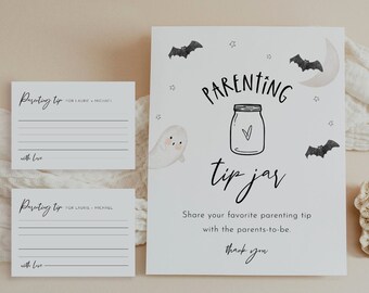 Halloween Parenting Tip Jar Sign and Advice Card, Fall Baby Shower Advice, Editable Template, Personalize Names, Templett #066-125AC