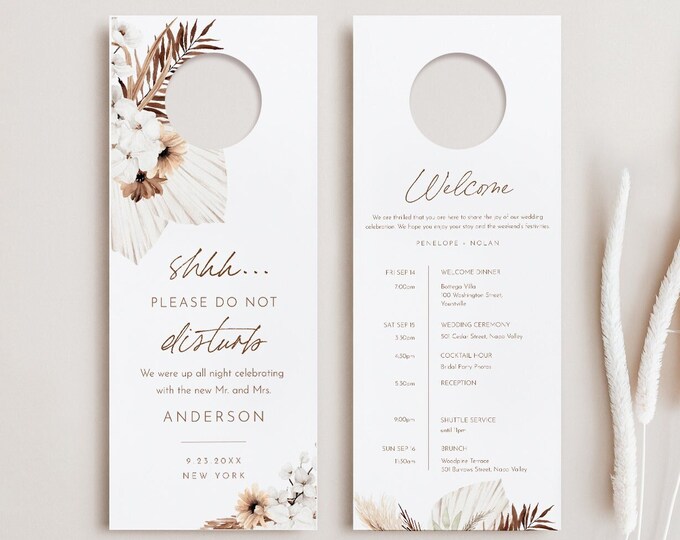 Wedding Door Hanger Template, Welcome Letter & Itinerary, Order of Events, Bohemian Do Not Disturb Door Tag, Templett #0028A-109DH