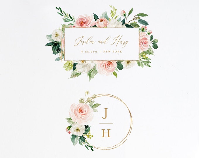 Wedding Logo Design, Watercolor Floral Logo and Monogram Emblem, Custom Business Logo, Editable Template, Instant Download, DIY  #043-101LD