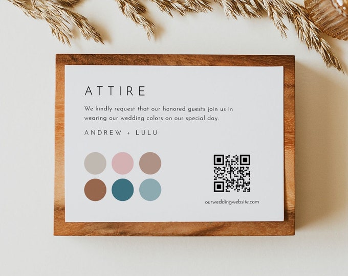 Minimal Wedding Attire Card, Info Card, Guest Attire Insert, Dress Code, Wedding Color Palette, 100% Editable, Templett #094-103ATT