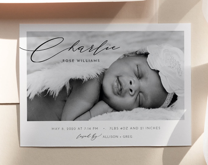 Photo Birth Announcement, Baby Announcement Card, Newborn, Modern, 100% Editable Template, Printable, Instant Download, Templett #105BAC