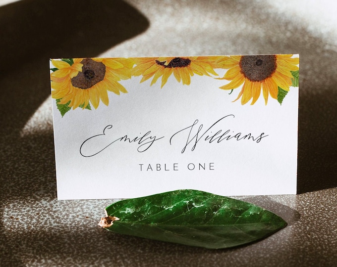 Sunflower Place Card Template, Printable Fall Wedding Escort Card with Meal Option, INSTANT DOWNLOAD, Editable, Templett #0010-175PC