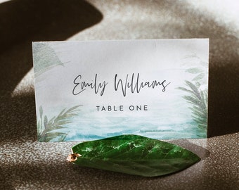 Beach Place Card Template, Printable Tropical Destination Wedding Buffet Card with Meal Option, Instant Download, Templett #099A-180PC