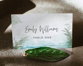 Beach Place Card Template, Printable Tropical Destination Wedding Escort Card with Meal Option, Instant Download, Templett #099A-180PC