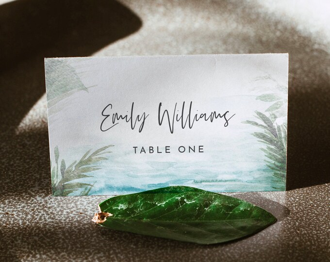 Beach Place Card Template, Printable Tropical Destination Wedding Escort Card with Meal Option, Instant Download, Templett #099A-180PC