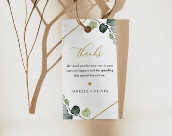 Favor Tag for Bridal Shower or Wedding, Greenery and Gold Thank You Tag, INSTANT DOWNLOAD, Editable, Printable, Templett #007-158FT