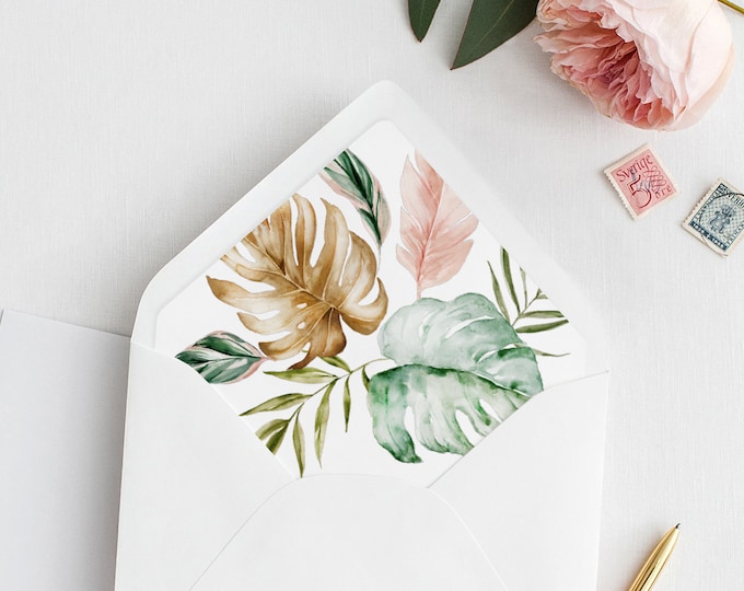 Tropical Envelope Flap Liner Template, Printable Wedding Envelope Insert, DIY, Instant Download, Various Sizes, Euro Flap #087-105ENL