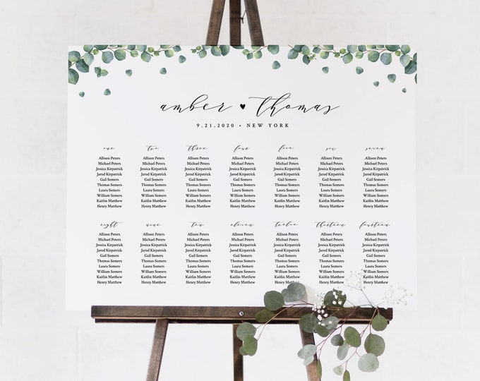 Eucalyptus Seating Chart Template, Wedding Seating Sign, Alphabetical & Table Number Order, 100% Editable Text, INSTANT DOWNLOAD #036-240SC