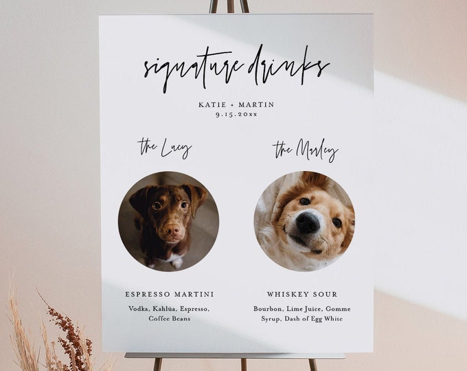 Pet Signature Drink Sign, Dog Signature Cocktail, 2 Photos, Minimalist Wedding Drink Sign, Editable Template, Instant, Templett #0009-63S