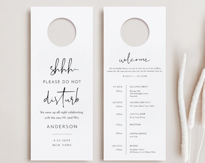 Wedding Door Hanger Template, Welcome Letter & Itinerary, Order of Events, Minimalist Do Not Disturb Door Tag, Templett #0031-108DH