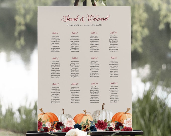 Pumpkin Seating Chart Template, Printable Fall Wedding Seating Sign Poster, 100% Editable Text, Instant Download, Templett #072A-277SC