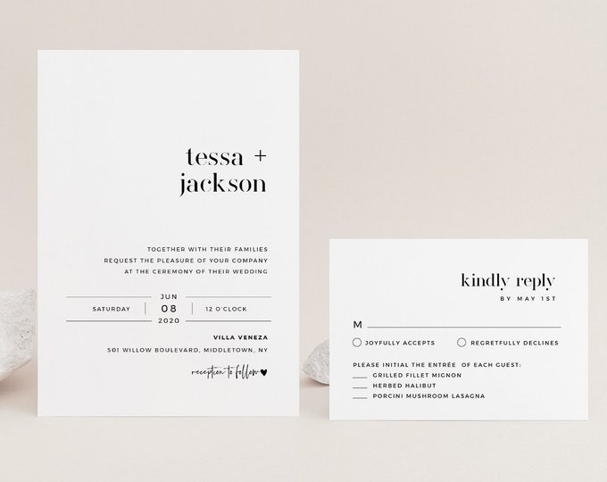 Modern Wedding Invitation Suite, Minimalist, Classy, 100% Editable Template, INSTANT DOWNLOAD, Invite, RSVP, Details Card, Templett #088B