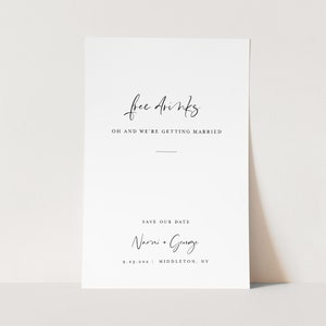 Bewaar de datumsjabloon, gratis drankjes, 100% bewerkbare tekst, grappige trouwdatumkaart, minimalistisch, Templett, digitaal, Instant Download #096-166SD