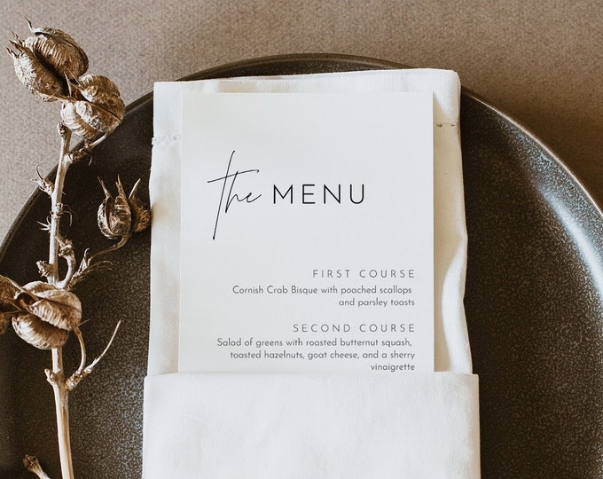 Minimalist Menu Template, Printable Modern & Simple Wedding Dinner Menu Card, 100% Editable, INSTANT DOWNLOAD, Templett #0026-206WM