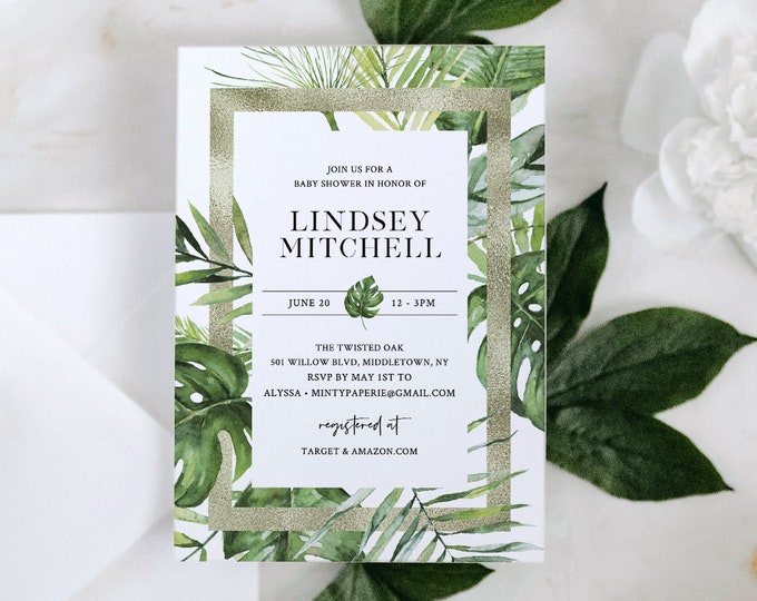 Tropical Baby Shower Invitation, Printable Greenery and Gold Baby Shower Invite, 100% Editable Text, Instant Download, Templett #083-121BA