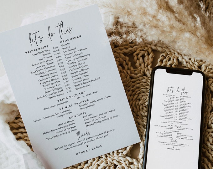 Bridal Party Itinerary, Minimalist Wedding Timeline, Order of Events, Itinerary for Bridesmaid & Groomsmen, Editable, Templett #095-103BPT