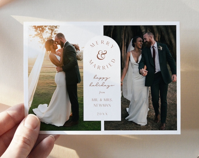 Modern Newlywed Photo Holiday Card Template, Merry and Married, Editable Text, Add Your Own Photo, Instant Download, Templett, 5x7 #131HP