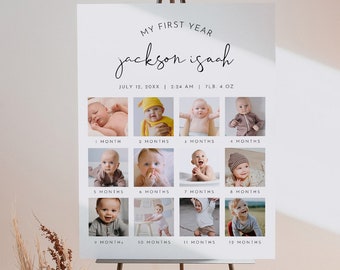 1st Birthday Photo Poster, First Year Baby Sign, 1st Birthday Party, Month Milestones, Editable Template, Instant, Templett #0031-105FYS