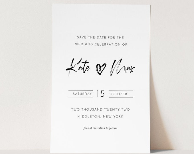 Save the Date Template, Modern Hand Written Script, 100% Editable Text, Minimalist Wedding Date Card, Instant Download, Templett #090-179SD