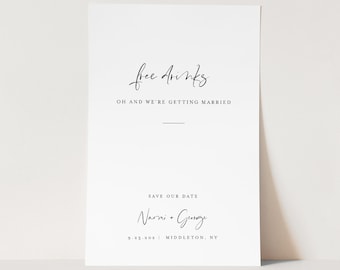 Save the Date Template, Free Drinks, 100% Editable Text, Funny Wedding Date Card, Minimalist, Templett, Digital, Instant Download #096-166SD