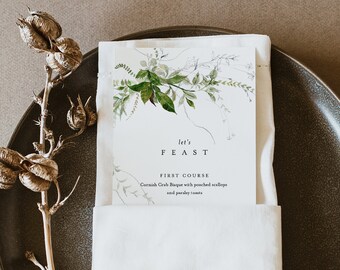 Modern Menu Template, Minimalist Greenery Wedding Dinner Menu Card, INSTANT DOWNLOAD, 100% Editable Text, Templett, 3.5x8.5 #0011-181WM