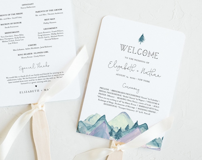 Mountain Wedding Program, Fan or Flat Program, Rustic Pine Order of Service, Editable Template, Instant Download, Templett #063-425WP